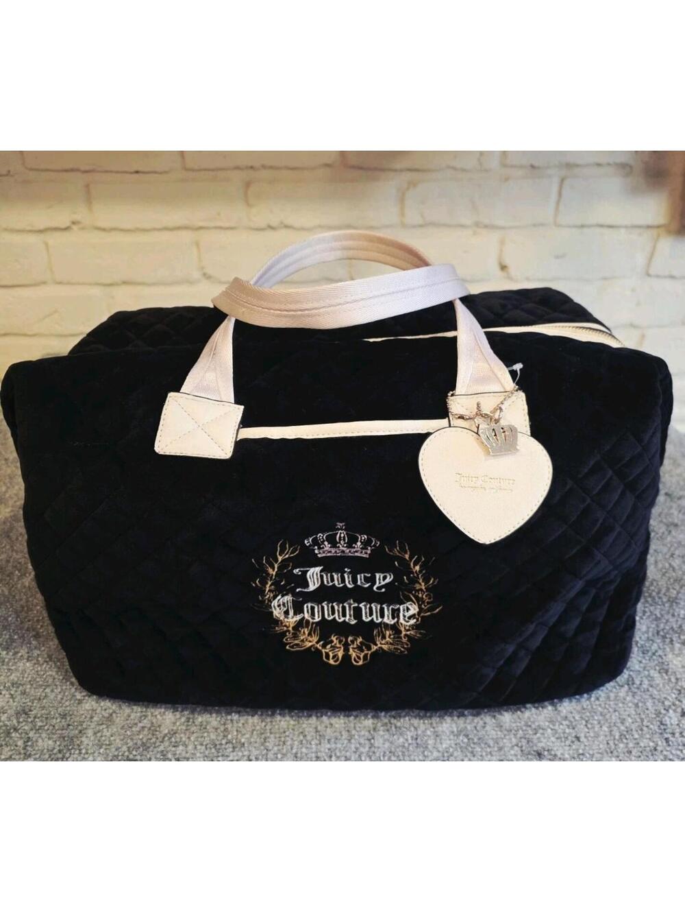Juicy Couture Quilted Velvet Weekender Duffle Bag Black Large Travel Tote
